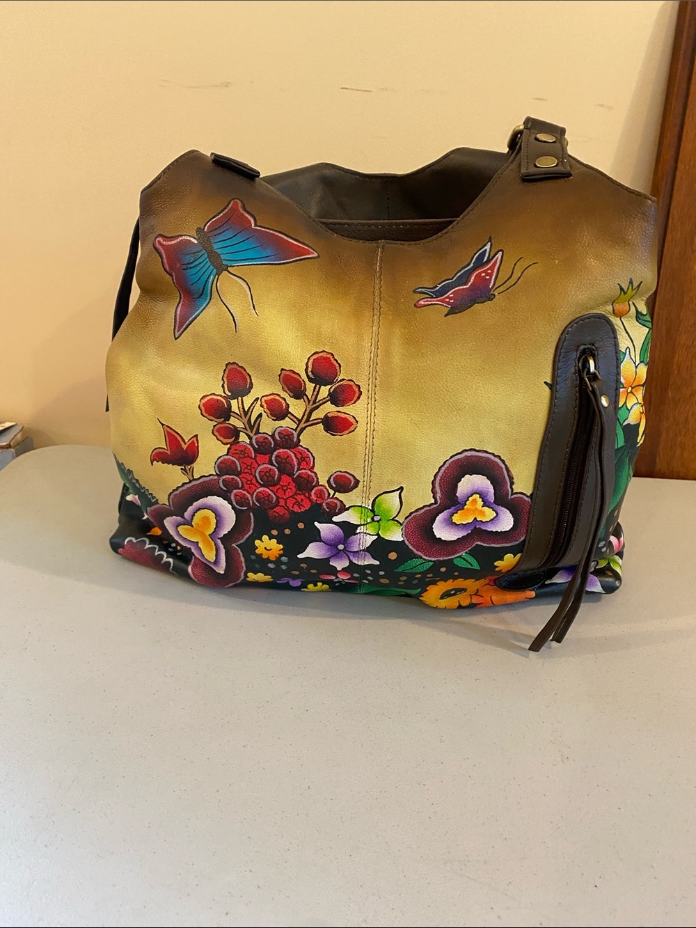 Floral Painted Leather Tote Bag - Multicolor